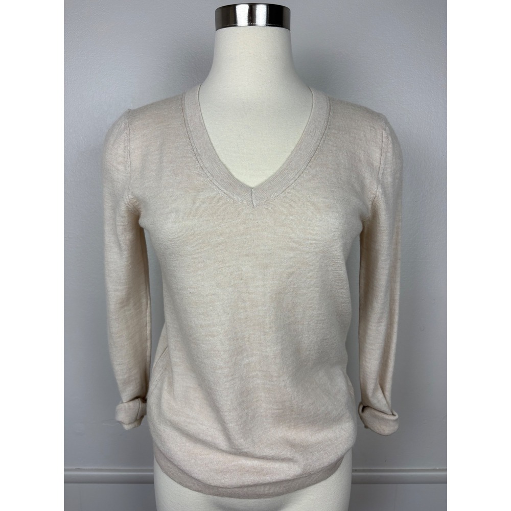 Banana Republic Extra Fine Merino Wool Sweater V Neck Size S Beige Pointelle